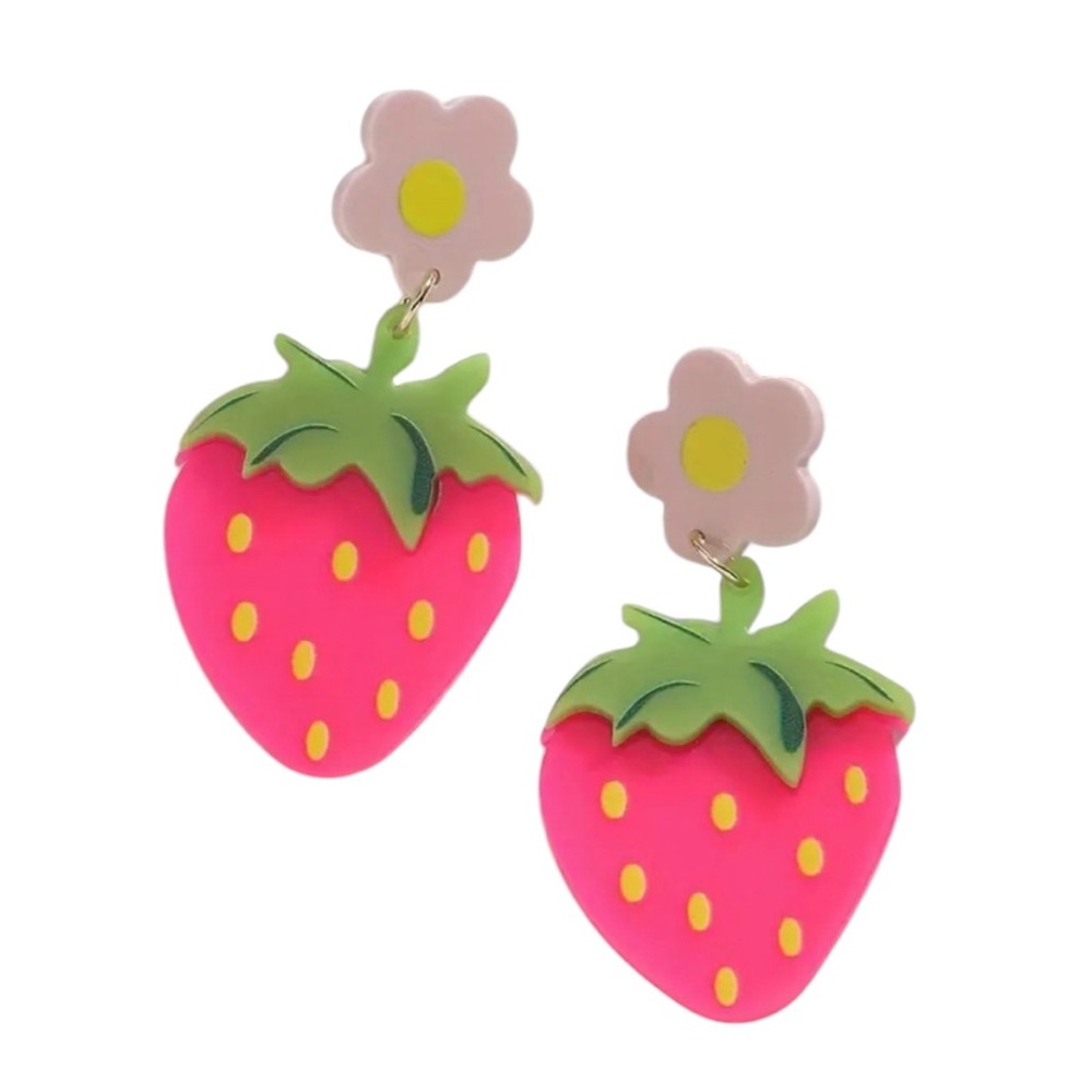 Pink Strawberry Floral Acrylic Dangle Earrings